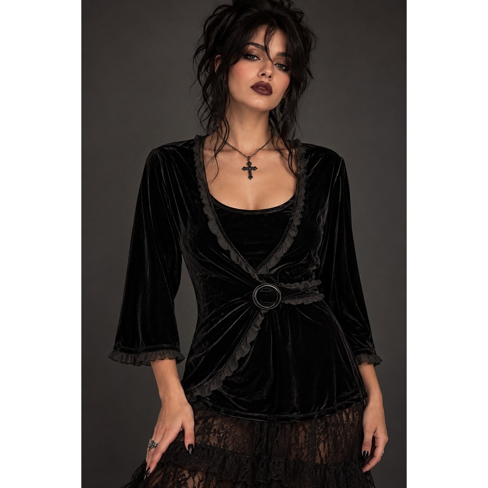 Gothic Vamp Dark Romantic Black Velvet Ruffle Blouse Top Petite XL